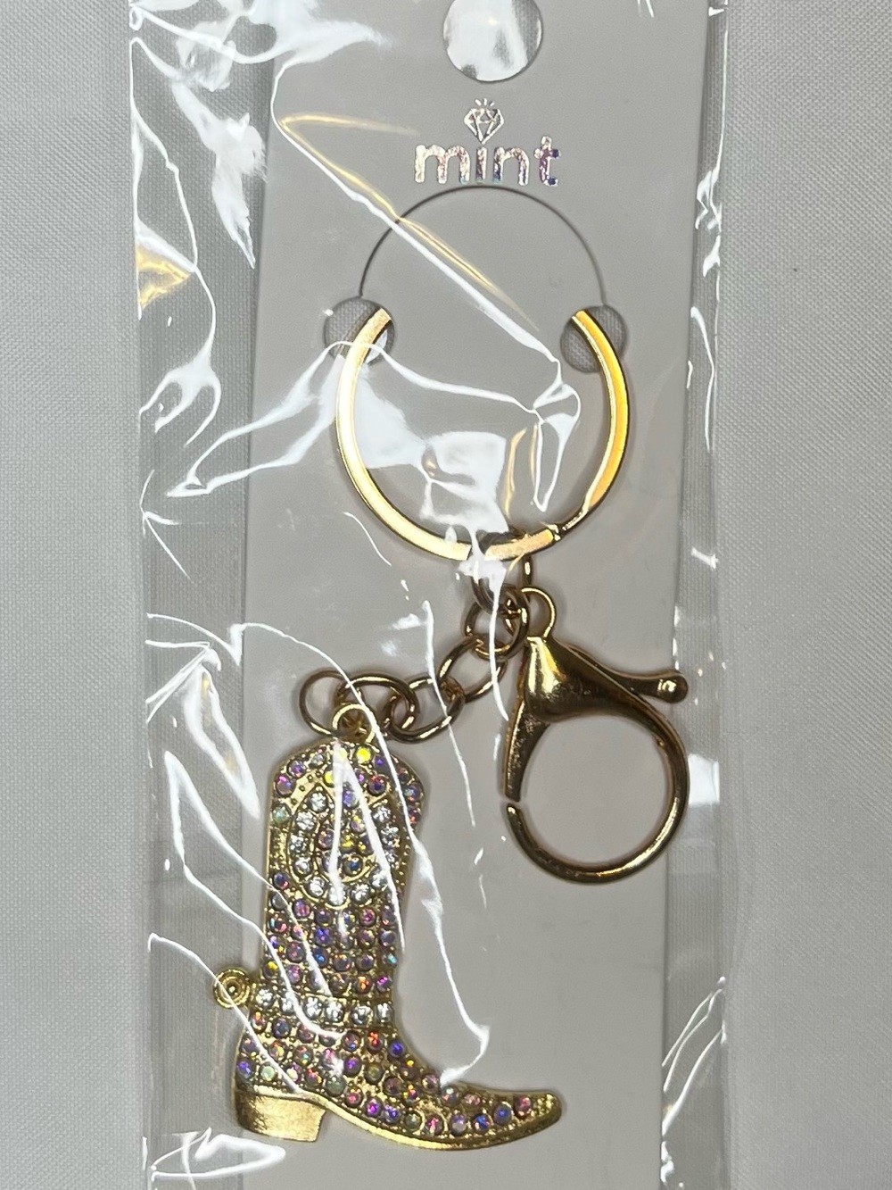 Mint Gold Cowboy Boot Keychain Bag Charm with Iridescent Crystal Accents